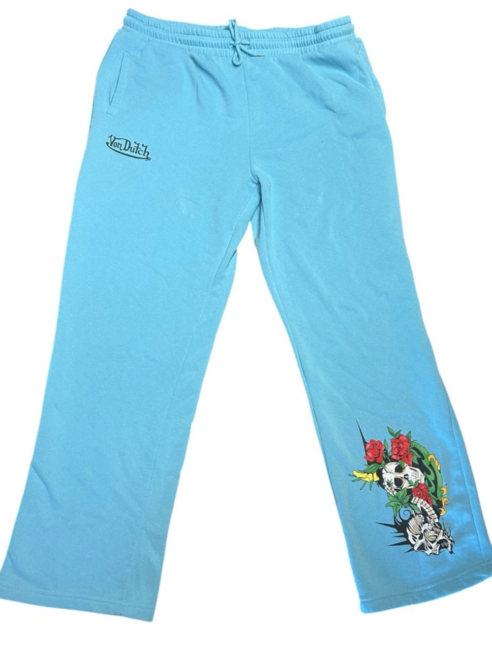Von Dutch Blue Sweatpants Y2K Graphic Skull Roses Baggy XL